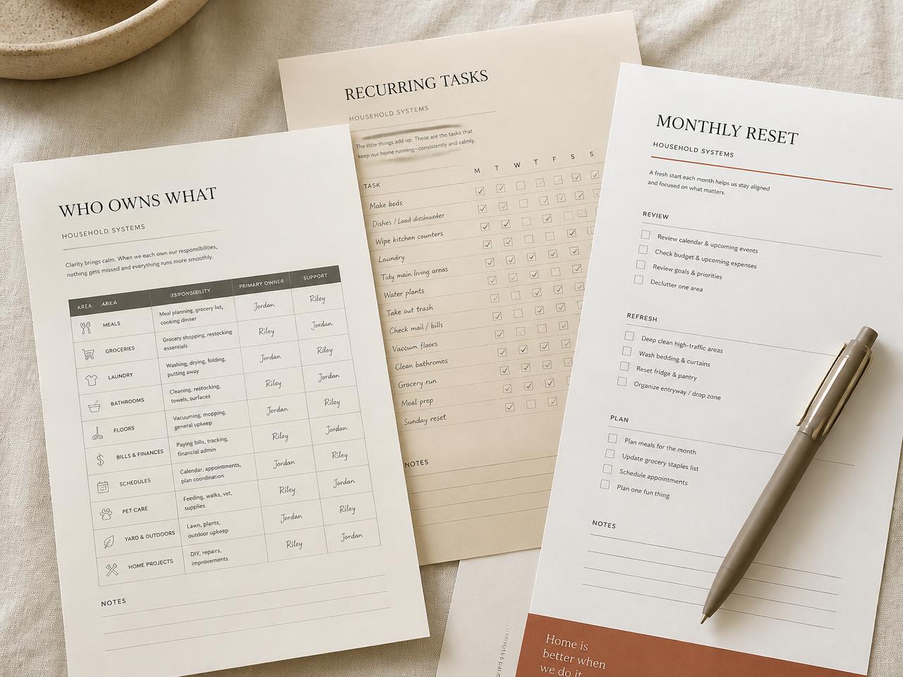 Household Reset pages layered on linen: Who Owns What, Recurring Tasks and Monthly Reset sheets with a pen resting on top